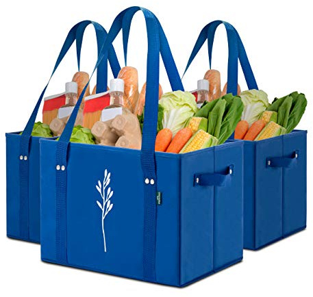 Green Bulldog Reusable Grocery Bags - Heavy Duty Reusable Shopping Tote Bags W/Long Handles, Foldable & Collapsible, Holds Up to 65 lbs - for Kitchen, Picnic 3 Pack