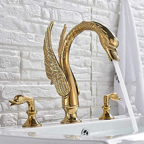 Neu Luxus Gold 3 Stücke Waschbecken Wasserhahn Waschtischarmatur Schwan Stil Schiff Wasserhahn 2 Griffe Bad Wasserhahn Waschtischarmaturen wasserhahn