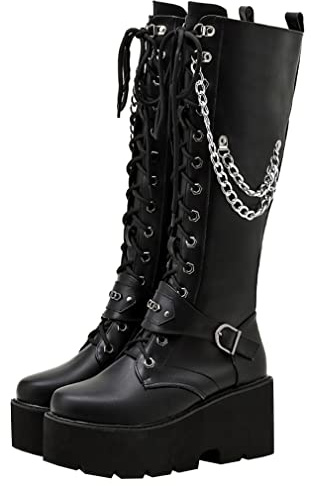 Parisuit Women's Knee High Goth Platform Buckle Boots Chunky High Heel Lace Up Punk Combat Boots with Chain-black size 7