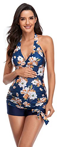 Maillot de Bain Femme Tankini avec Culotte Maillot de Bain 2 Pièce Push Up Elégant Plage Floral Maternité Beachwear Tankini pour Grossesse Encein Bathing Suit Maternité