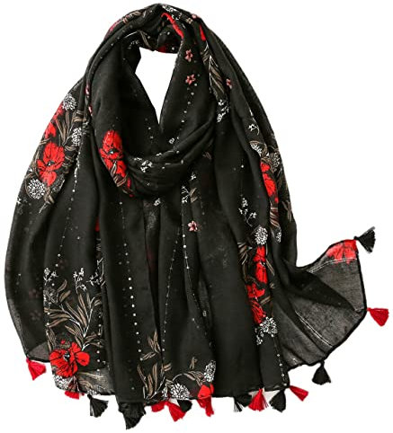 FAIRYGATE Tuch Damen Frühling Schal Schwarzer Schals mit Blumenmuster mit Quasten Halstuch xxl Stolen Stola Geschenke für Frauen Mädchen Tücher 69011