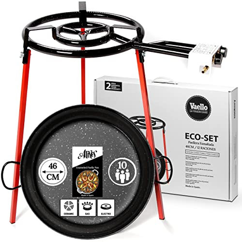 Alises - Paella Cooking Set (Eco-Set) with Enamelled Steel Paella Pan (46cm) - Double Gas Burner (40cm) and Tripod