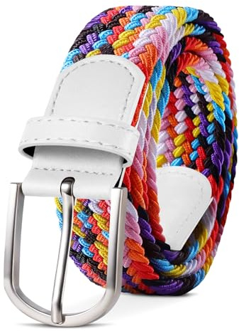 TANGCHAO Stoffgürtel Stretchgürtel Elastik Flechtgürtel Geflochtener und Elastischer Dehnbarer Gürtel für Damen und Herren Breite 3.3cm Regenbogen 130cm