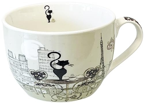KIUB Bol chat avec une anse - Motif chat au restaurant avec aussi la Tout Eiffel de Paris - matière porcelaine fine - contenance 500ML