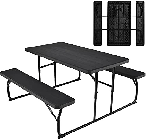COSTWAY Set Tisch und Bänke, zusammenklappbar, für Picknick, mit Metallrahmen, Garten-Set, wasserdichte Oberfläche, Bank, Belastung 250 kg, für 4 bis 6 Personen, für Garten, Pool (schwarz)
