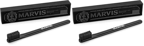 Marvis Cepillo de dientes negro, cepillo dientes de plástico con funda para cabezal transparente, cepillo dental de viaje para la placa y el sarro (Paquete de 2)