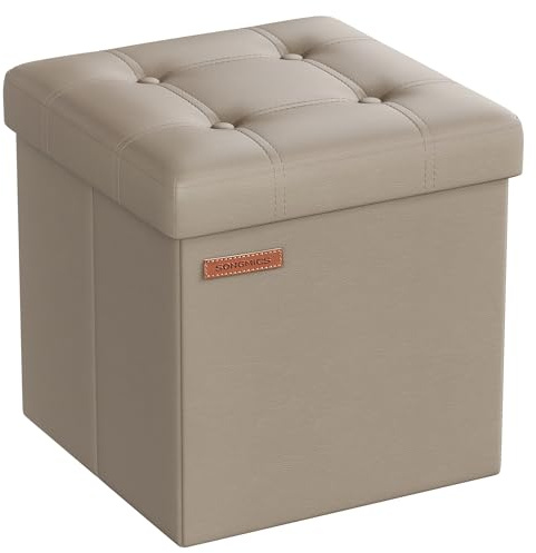 SONGMICS Puff Almacenaje de 38 cm, Banco de Almacenamiento Plegable con Tapa, Reposapiés, Cuero Sintético, Carga de 300 kg, para Entrada, Sala de Estar, Dormitorio, Marrón Camello LSF030K13
