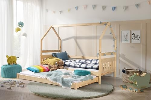 KEF Lily Kinderbett 80x190 cm - Hausbett für Zwei Kinder - Bodenbett aus Holz - Babybett mit Zwei Matratzen - Jugendbett mit Lattenrost mit Rollen für Kinderzimmer - Floor Bed - Kiefer