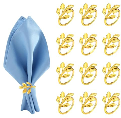 12 Stück Serviettenringe Gold, Metall Serviettenschnallen, Blätter Serviettenhalter, Elegante Servietten Schnallen, Napkin Rings für Hochzeitsfeier Familienessen Abendessen Jubiläum Party Tischdekor