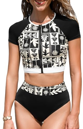 CUPSHE Damen Bikini Set Rash Guard UPF 50+ UV Sonnenschutz High Neck Reißverschluss Sport Bikini High Waist Bademode Zweiteiliger Badeanzug Swimsuit Schwarz/Tropisch M
