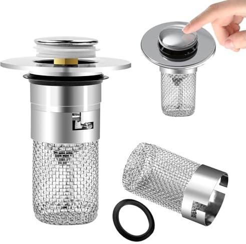 Dräneringsplugg tvättställ med utbytbar sil, rostfritt stål diskho dräneringssil 34–40 mm universell popup dräneringsplugg sewer sink hårsil dräneringsplugg för bänkskivor