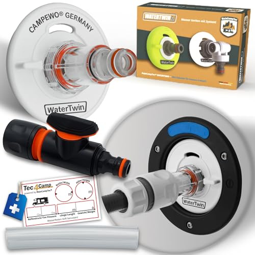 MaJoCompTec® WATERTWIN Tapa de depósito con conexión de agua, adaptador de llenado para boquilla de llenado de agua, accesorio para autocaravana y caravana (versión PRO con filtro + válvula, adaptador