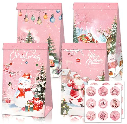 12 st presentpåsar julpapper festväskor för barn, små julväskor för godis, julpåsar söta godispåsar julkraftpapperspåsar godisväskor godisväskor goodie godisväskor med 18 klistermärken som presenter
