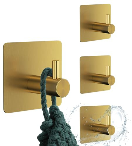 Mandouer Handtuchhalter Ohne Bohren Gold, 4 Stück Klebehaken Extra Stark | Edelstahl Wandhaken selbstklebend, wasserfest und rostfrei, hält bis zu 6kg, für Bad, Toilette und Küche