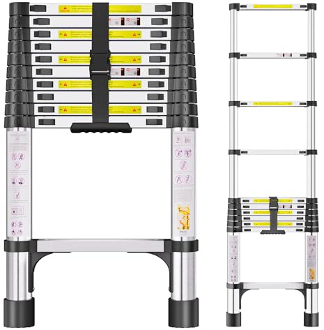 Échelle Télescopique 3,2m en Acier Inoxydable, Échelle Extensible avec Pieds Antidérapants, Échelle Portable à Hauteur Réglable pour Grenier, Toiture, Camping-Car, Décoration et Entretien