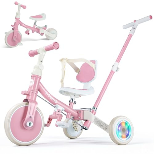 VITONIS 5 in 1 Kinder Dreirad Rosa für 18 Monate bis 3 Jahre, Laufrad mit Blinkenden Rädern, Dreirad mit Schubstange, Rückenlehne und Sicherheitsgurt, Geschenk für Jungen und Mädchen
