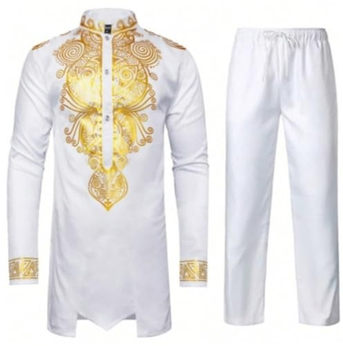 Générique Tenue 2 pièces pour homme, tunique traditionnelle à motif doré et pantalon, costume ethnique