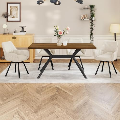 WAFTING Esstisch mit 4 stühlen,esstisch Holz 140x80x76 mit dunkler Platte,Esszimmerstuhl Drehbar 360°mit Armlehne,tischset Für Küche, Wohnzimmer & Esszimmer,Moderner Polsterstuhl Beige
