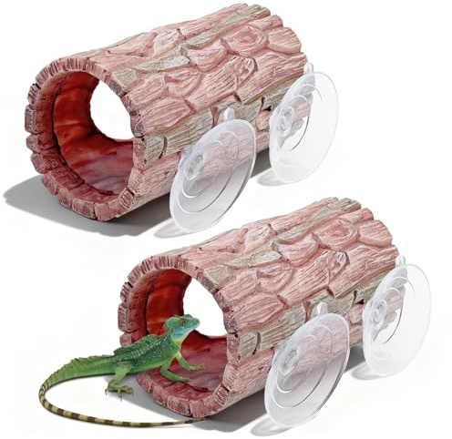 2 PCS Reptile Hide, Resin Hollow Hideout Bask Terrace with Powerful Suction Cup Reptile Gecko Tank Accessories for Bearded Dragons Crested Geckos Frogs Terrarium Decor