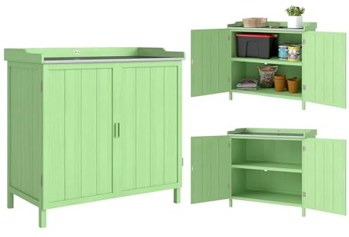 Outsunny Wood Garden Storage Cabinet with Galvanised Top Two Shelves Green