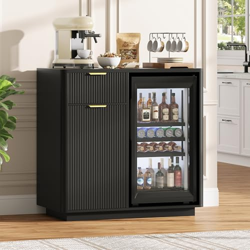 Vabches Coffee Bar Cabinet with Mini Fridge Space, Mini Fridge Cabinet with Wine Storage & Power Outlet, Liquor Cabinets with Glass Holders, Home Bar for Dining Room, Kitchen, Living Room, Black