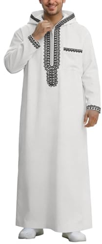 Generico Caftano Uomo Abaya Musulmani con Cappuccio Uomo Musulmani Stampa Caftano Islamico Robe Abbigliamento Islamico Musulmana Maniche Lunghe Tuniche Abaya Lose Kandoura Thobe (White, XXL)