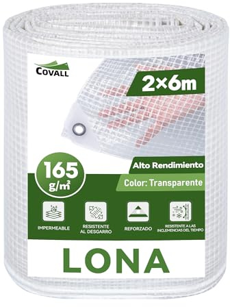 COVALL Lona Impermeable Exterior Transparente 2x6 m 165 g/m² con Ojales, Resistente al Desgarro, Intemperie y Anti-UV, Funda Protectora Multiusos para Madera, Jardín, Piscina y Remolque
