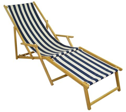 Holz-Liegestuhl Gartenliege mit viel Zubehör nach Wahl Stofffarbe blau-weiß V-10-317NFußteil