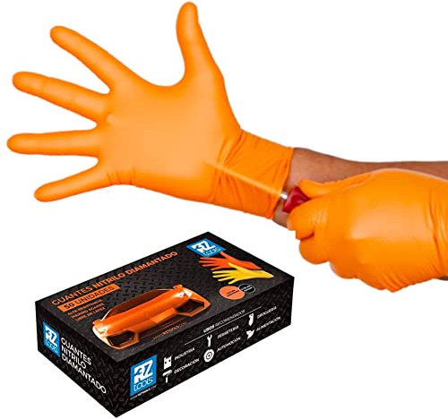 RZ TOOLS Guantes de Nitrilo Desechables Naranja | Guantes Extra Gruesos con Textura Diamante | Guantes para Taller y Montaje de Alta Resistencia Desechables | Tamaño S, L, M y XL (50, L)