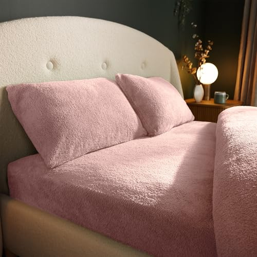 Silentnight Teddy Fleece Bedding - Teddy Bear Fleece Bottom Sheet Duvet Set Warm Cosy Fluffy Winter (Blush, Single, Fitted Sheet)
