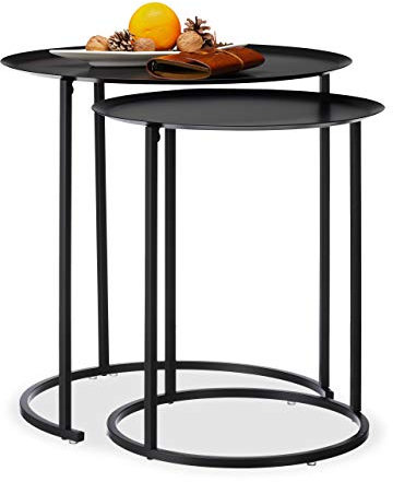 Relaxdays, anthrazit Runder Beistelltisch im 2er Set, erhöhter Rand, Satztische, Stahlgestell, Tischset, HxD: 50x50 cm, 10024574, 2er Set Beistelltisch rund Anthrazit