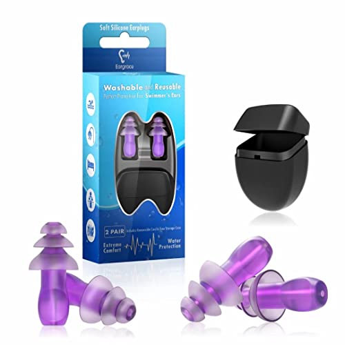 Schwimm Ohrstöpsel, 2 Paar wasserdichte, wiederverwendbare Silikon-Ohrstöpsel mit abnehmbarer Schnur – Gehörschutz für Schwimmen, Duschen, Surfen, Pool, Arbeit, Schlaf, Lernen und laute Umgebungen
