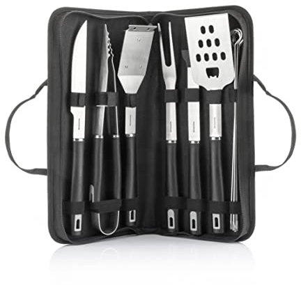 InnovaGoods - 12-teiliges Grillzubehör-Set, Edelstahl Utensilien, Hitzebeständige Griffe, Inklusive Aufbewahrungs- und Transporttasche, Spülmaschinenfest, Schwarz, Stahl, Edelstahl