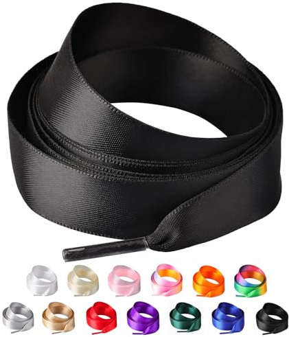 Olukssck 2 Paires de Lacets Chaussures en Rubans de Satin, 2cm de Large Lacets pour Femmes et Filles, Ruban en Soie Lacets Plats pour Chaussures Baskets, chaussures course, Noir, 120cm