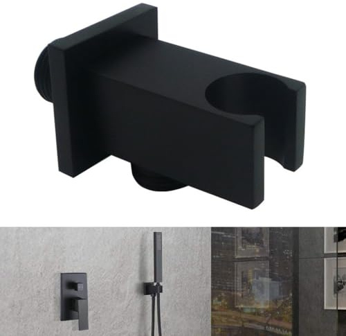 Wall Supply Elbow With Hand Shower Holder, G1/2 Male Threads Square Shower Outlet Elbow Connector, Shower Handset Holder Bracket, Black