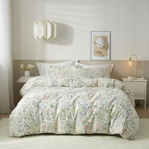 PinkMemory Green Floral Duvet Cover King Size 100% Cotton Botanical Green Wild Flowers Leaves Print Bedding Set King Cotton with Pillowcases for Boys Girls Breathable Soft Corner Ties Zipper