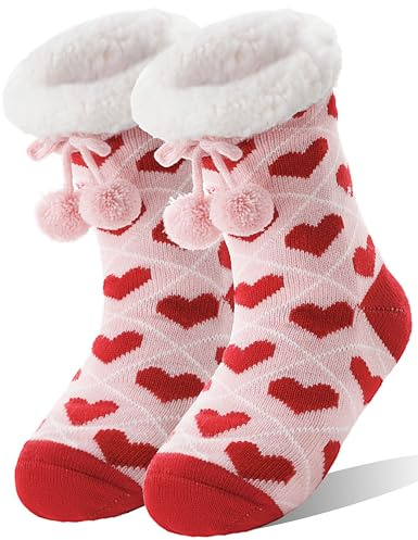 MOGGEI Fuzzy Slipper Socks for Women Galentines Day Gifts Fluffy Thermal Warm Winter Thick Cozy Non Slip Grips Plush Cabin Comfy Heart Socks Stocking Stuffers