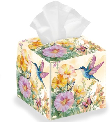DELORIGIN Multicolor Square Hummingbird Flowers Foldable Tissue Storage Box, Waterproof Paper Towel Case Container Organizer