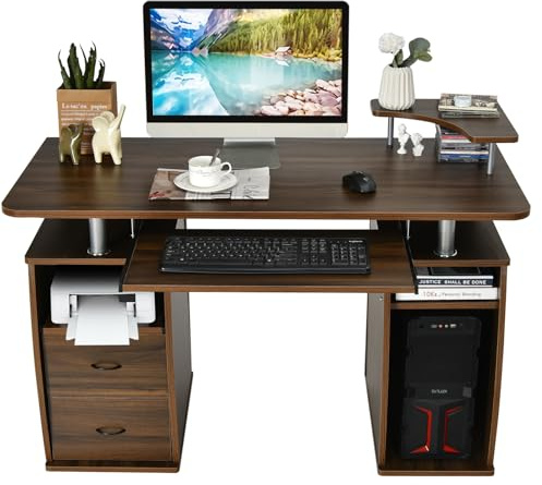 GYMAX Scrivania per Computer, 120 x 55 x 85 cm, Tavolo Porta PC, Cassetti, Vassoio per Tastiera, Ripiano per Stampante, Scrittoio per Studio Ufficio Lavoro (Marrone)