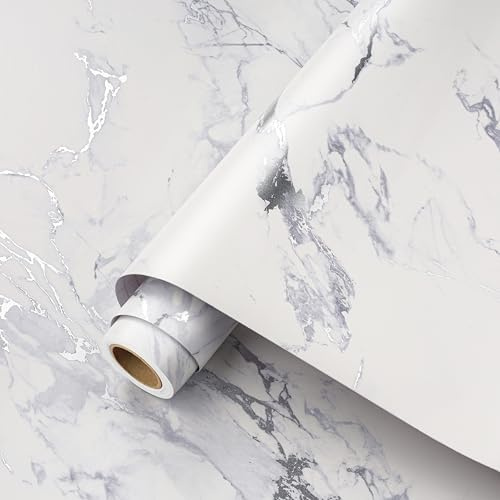 ReWallpaper White Marble Vinyl Wrap Matt Sticky Back Plastic Grey Grain Self Adhesive Contact Paper for Kitchen Countertops Furniture Waterproof 40CMx3M Thick White and Grey Marble Wallpaper