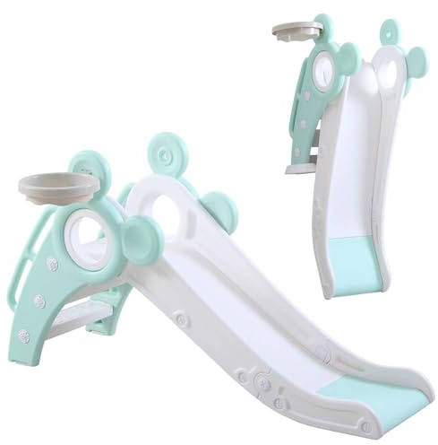 YOLEO 4-in-1 Kids Slide with Basketball Hoop - Baby Slide & Climber Playset, Foldable Indoor Outdoor Toddler Slide for Ages 1-3, Safe Children‘s Garden Slide with Ball & Extended Runout (Green)