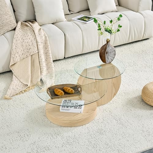 Bladez Mesa de Centro 2 Niveles de Vidrio de Seguridad. Mesa de salón con Vidrio de Seguridad y MDF con lámina Efecto mármol Color Madera. Mesa de Centro Redonda, 90 x 70 x 44 cm.