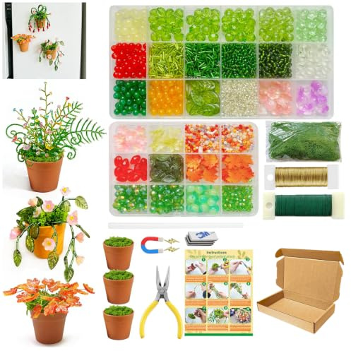 exylosluxek Kit de Manualidades DIY para Plantas de Cuentas, Cuentas Verdes, Set para Hacer Pendientes tú Mismo, Juego Completo para 3 Plantas Decorativas en Maceta