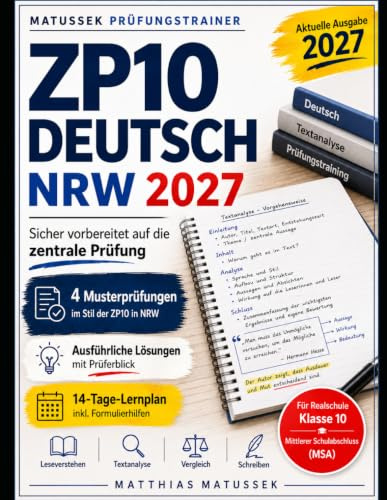 ZP10 Deutsch NRW 2027: Der komplette Prüfungstrainer für Realschule und MSA mit 4 Musterprüfungen, Leseverstehen, Textanalyse, Vergleich, materialgestütztem Schreiben, Lösungen und 14-Tage-Lernplan