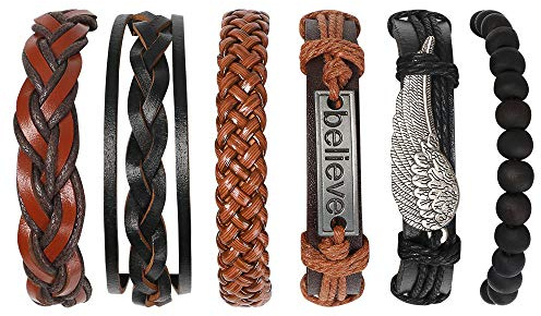 Flintronic Läderarmband, 6st Justerbar Flätat Mode Punk Flätad Rep Armband Manschett Vintage Armband Wrap Serie för Män & Kvinnor