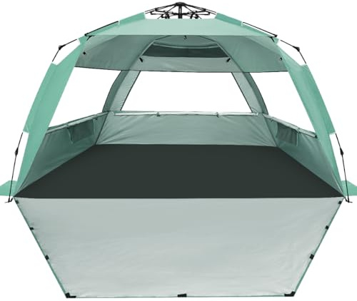WhiteFang Deluxe XL Pop Up Beach Tent Sun Shade Shelter for 3-4 Person, UV Protection, Extendable Floor with 3 Ventilating Windows Plus Carrying Bag, Stakes, and Guy Lines (Mint Green)