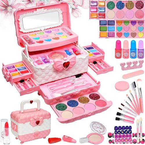 Maquillaje Infantil para Niñas - Maquillaje Seguro y Lavable para Niños, Kit Maquillaje niña, Caja Maquillaje niña, Regalos de Cumpleaños de Princesas para Niñas de 4 5 6 7 8 9 Años (Pink)