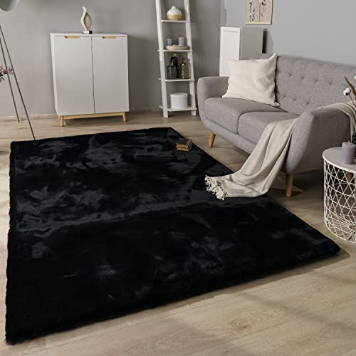 Paco Home Hochflor Teppich Wohnzimmer Schlafzimmer Modern Flauschiger Fellteppich Fell Imitat Kunstfell Langflor, Grösse:160x230 cm, Farbe:Schwarz