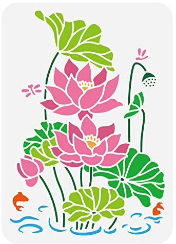 FINGERINSPIRE Lotus Vattenlilja Målning Stencil 29,7 x 21 cm - Ihålig Lotus Blomma Knopp Löv Hantverk - Fisk Trollslända Ritning för Vägg, Fotoalbum, Möbeldekor