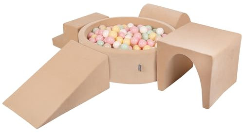 KiddyMoon Spielplatz Velvet Aus Schaumstoff Mit Samt Rund Bällebad (200 Bälle) Ballgruben Für Babys Spielbad Hindernisläufen, Sandbeige:Pastellbeige/Pastellgelb/Weiß/Minze/Puderrosa